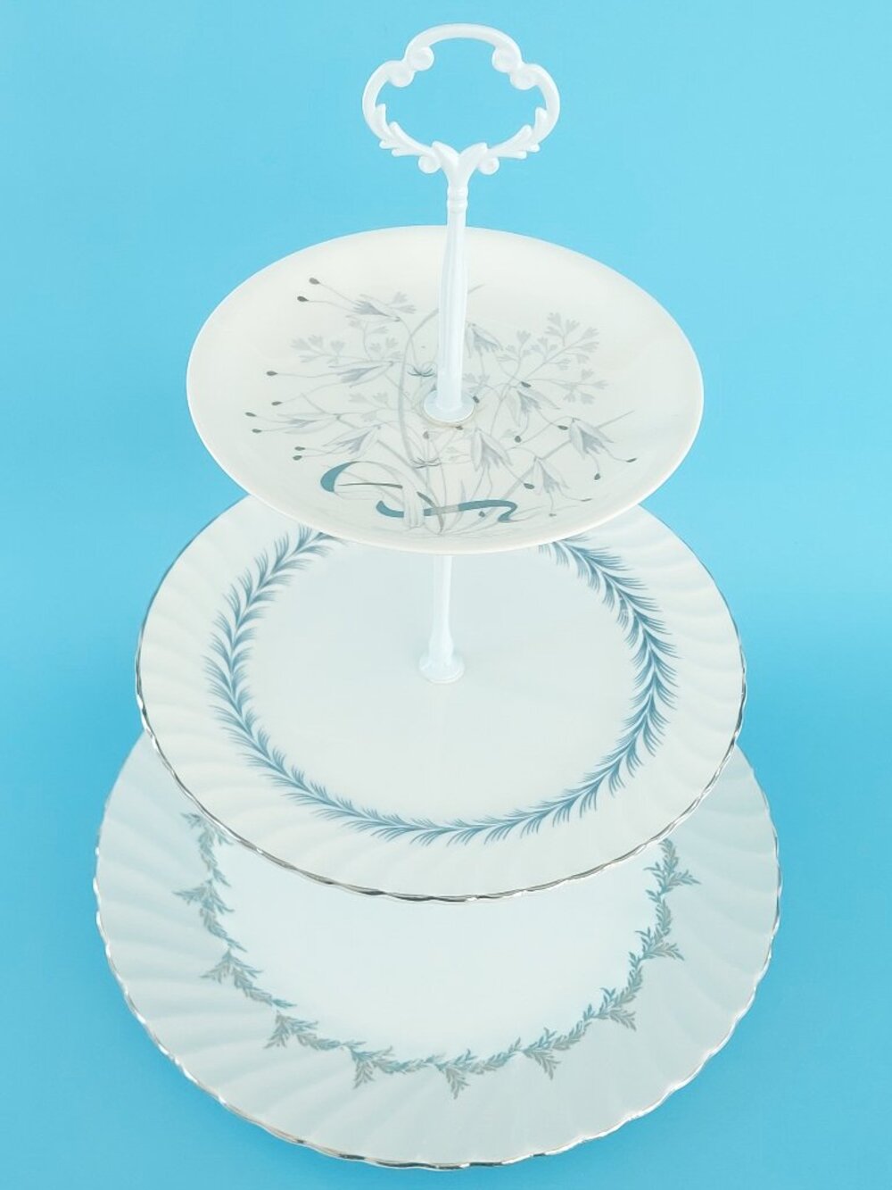 Vintage 3-Tier Tiered Cupcake Stand English Bone China Gray Silver